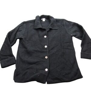 Jillian Jones Black Embroidered Wool Cardigan Sweater Button Front Womens Size L
